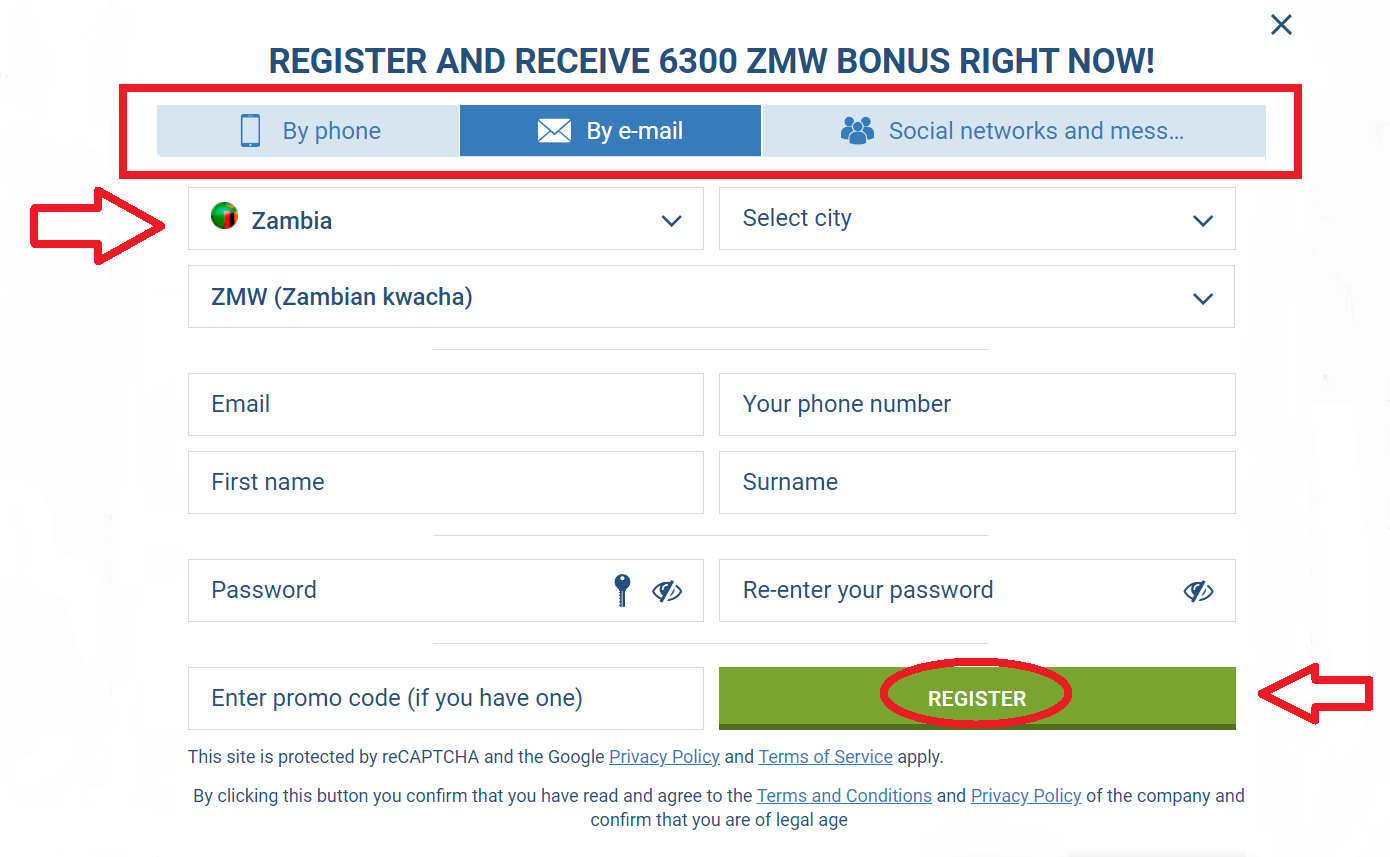 1xBet Zambia Registration by email