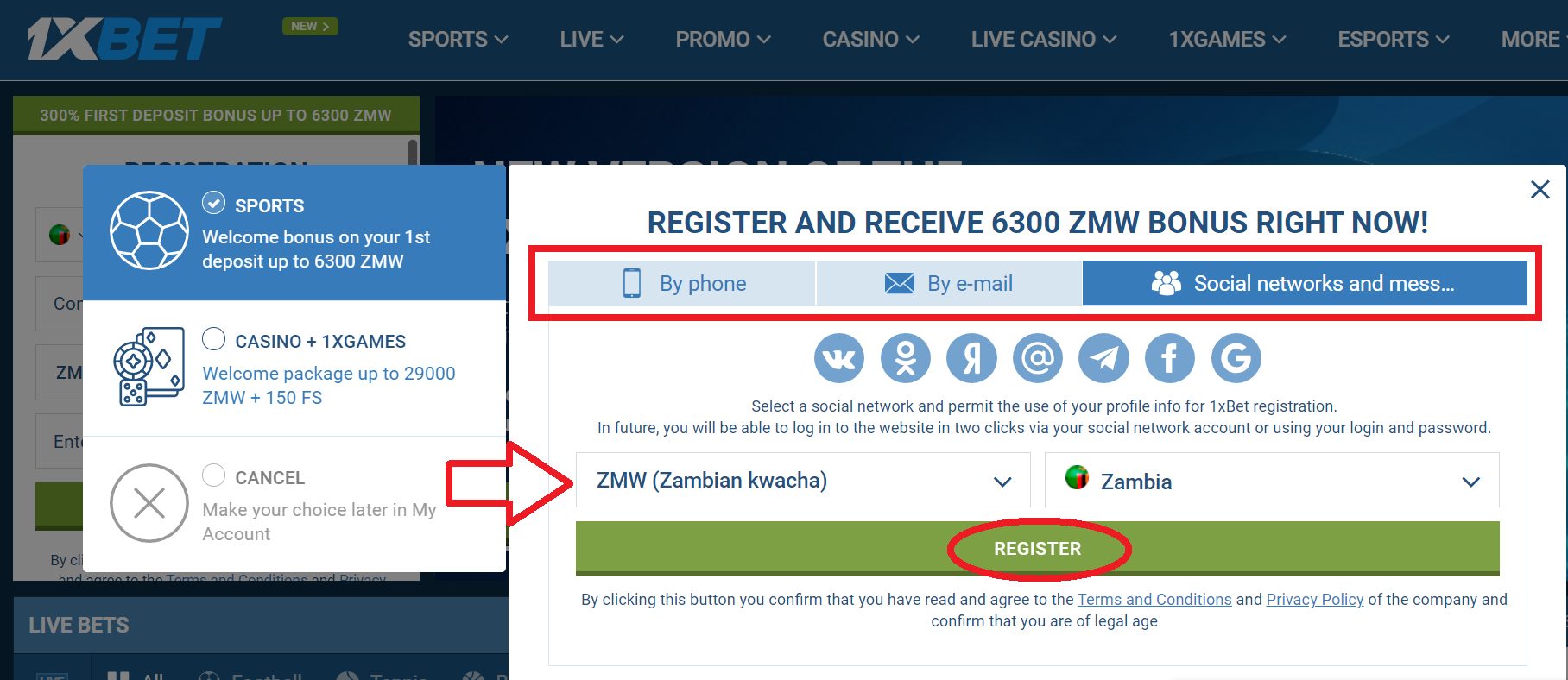 1xBet registration via social networks