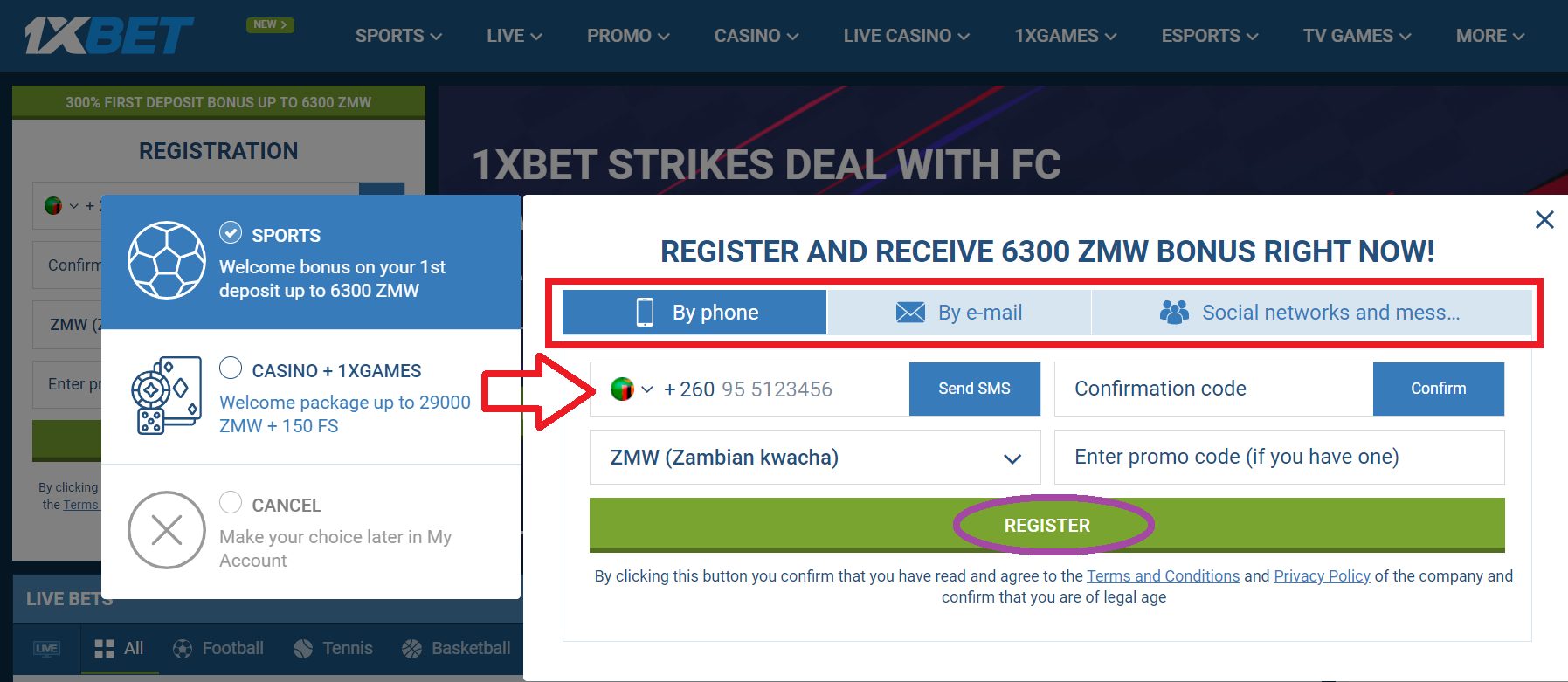 registration within 1xBet by phone number